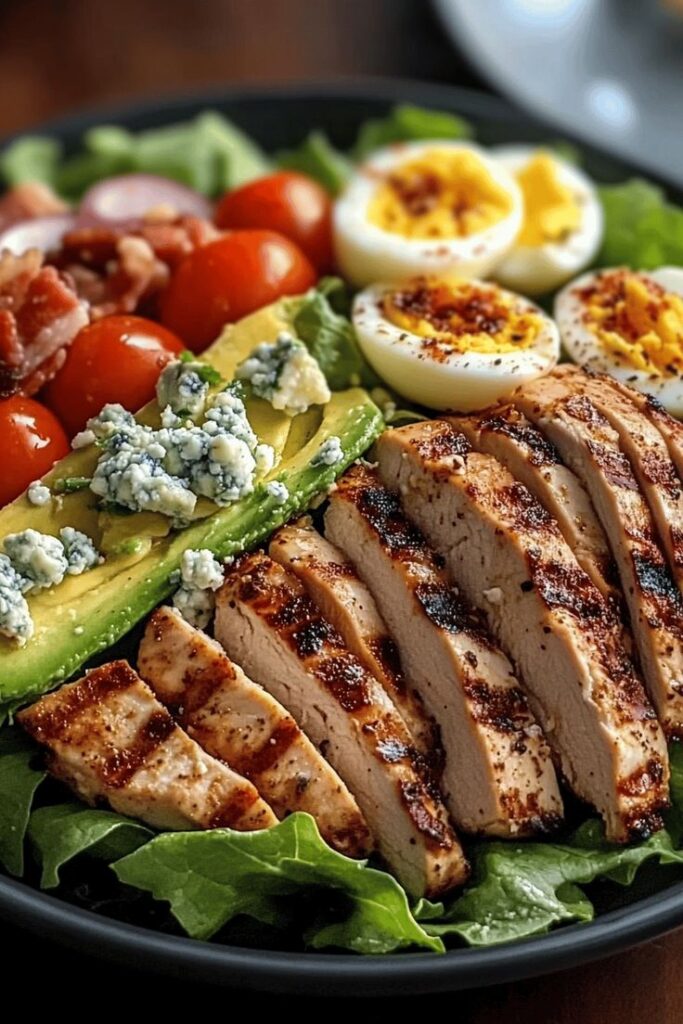 Grilled chicken salad with avocado, eggs, tomatoes, blue cheese, and bacon on fresh greens. Perfect healthy meal.