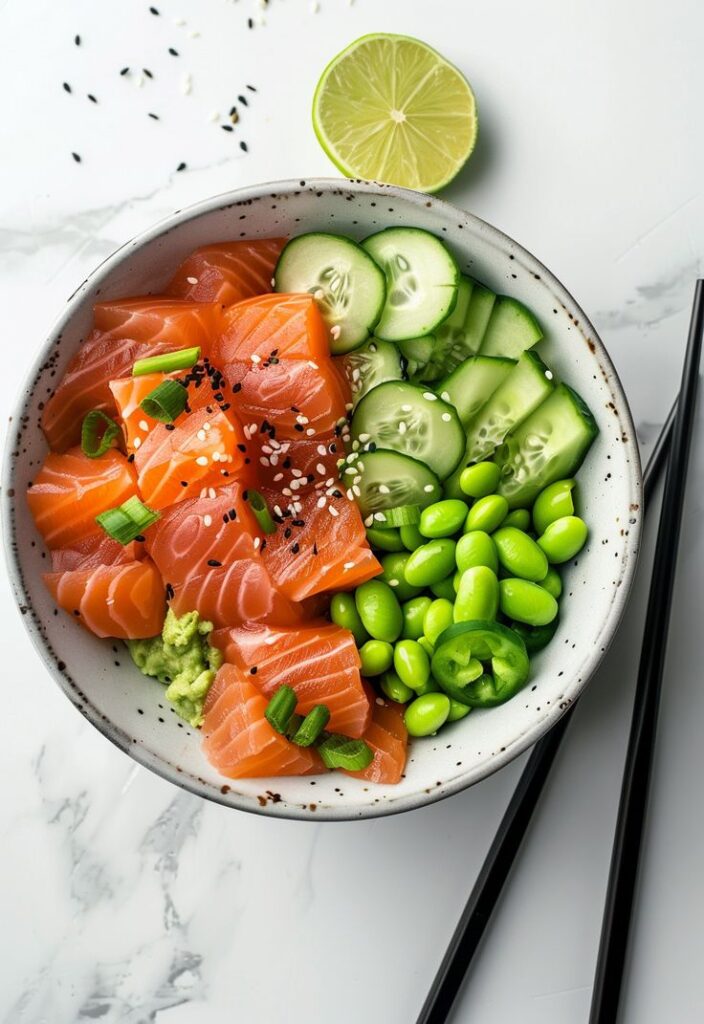 Salmon poke bowl with edamame, cucumber, jalapeño, and sesame seeds on a marble surface with chopsticks and lime.