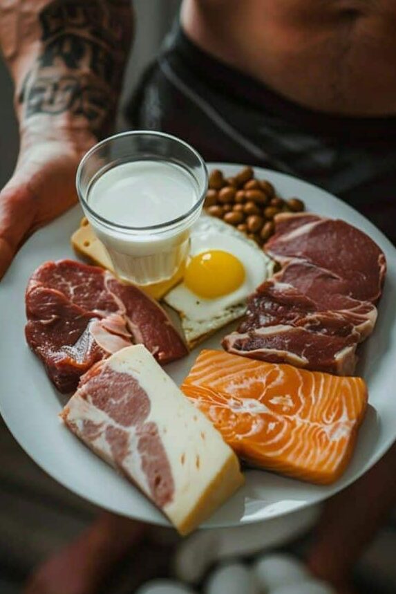 Man holding a protein-rich breakfast plate with meat, salmon, cheese, eggs, nuts, and milk for bodybuilding.