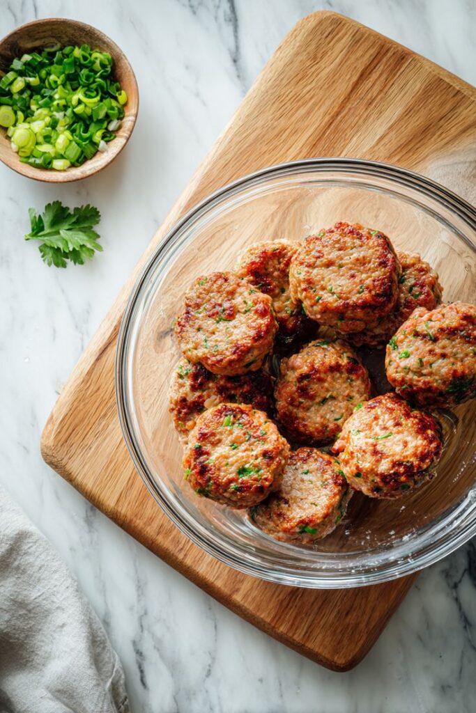 Homemade turkey patties in a glass bowl on a wooden board with chopped green onions and parsley on the side.