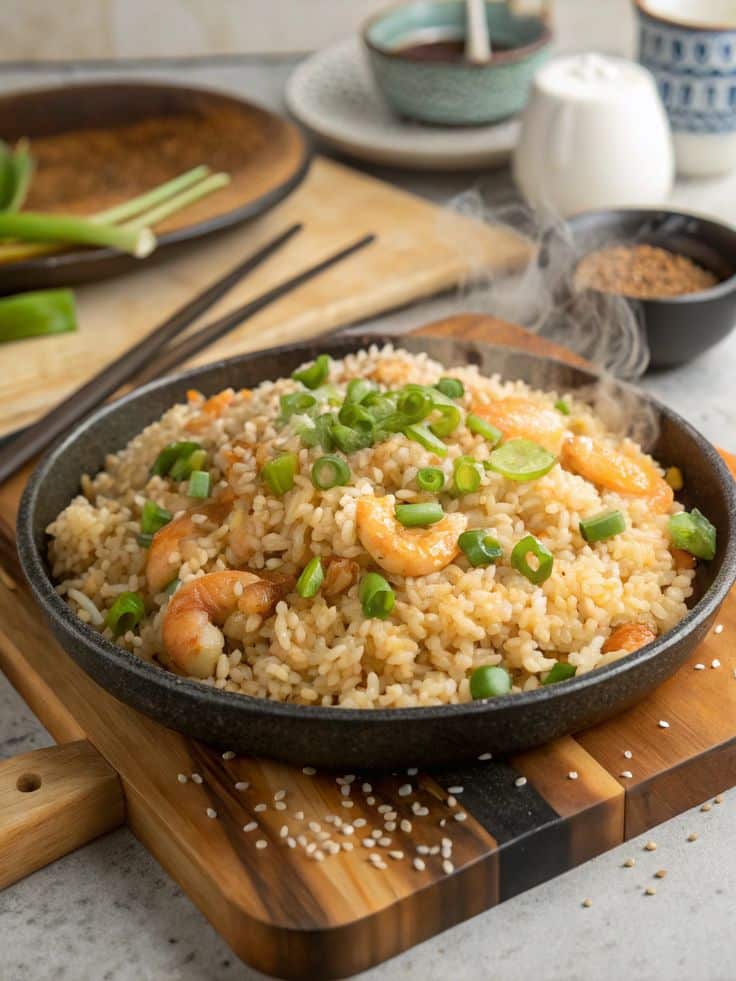 Delicious shrimp fried rice with green onions and sesame seeds in a skillet on a wooden board.