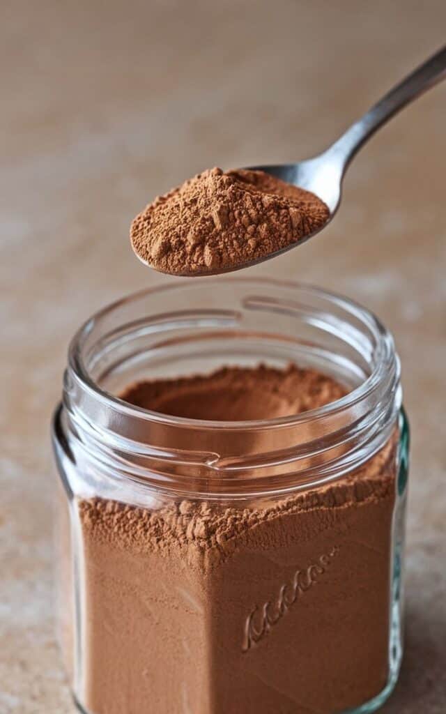 Spoonful of cocoa powder above a full glass jar on a textured surface, ready for delicious baking or dessert recipes.