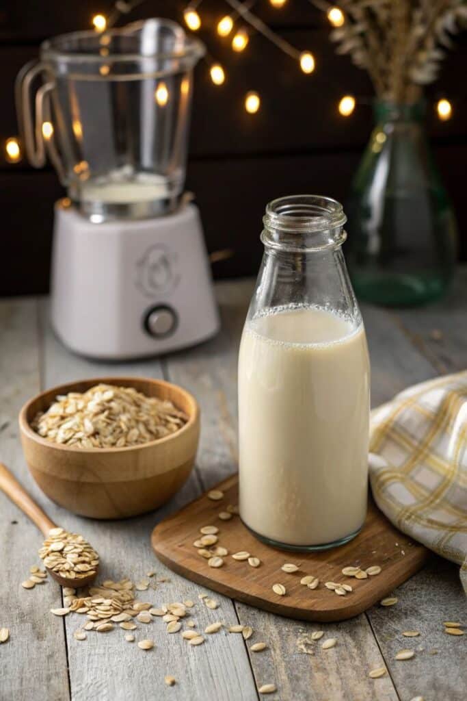 Bottle of homemade oat milk with oats, a wooden bowl, and blender on rustic wooden table.