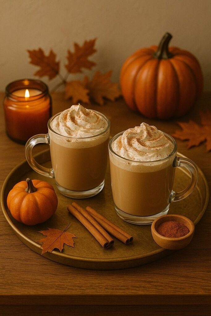 Two pumpkin spice lattes with whipped cream on a tray, surrounded by pumpkins, cinnamon, and autumn leaves.