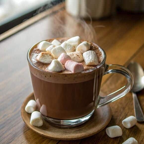 Steaming hot chocolate with marshmallows in a clear mug on a wooden table, perfect for a cozy treat.