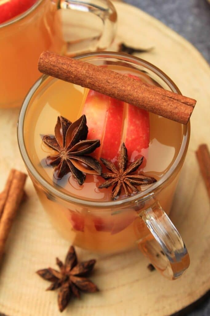 Warm spiced apple cider with cinnamon, star anise, and apple slices in a glass mug on a wooden surface.