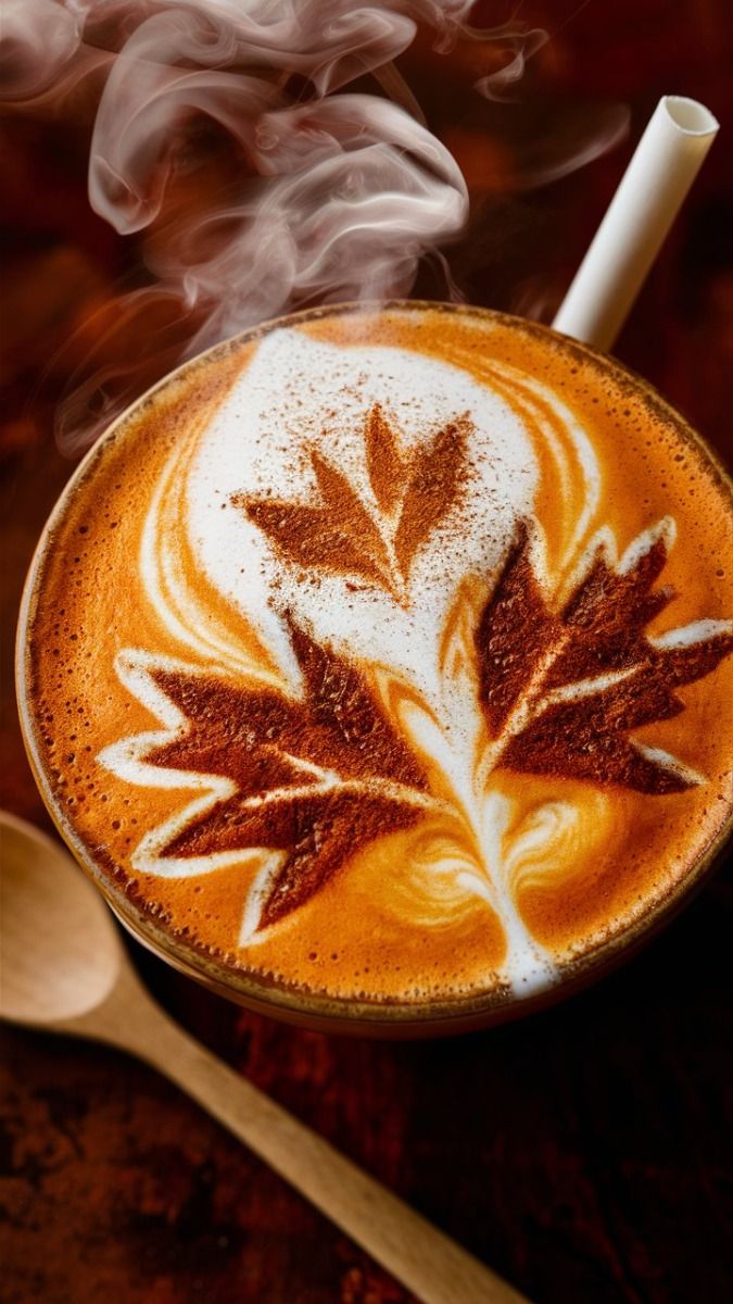 Steaming latte with autumn leaf latte art, perfect for cozy fall mornings, with a wooden spoon beside the cup.