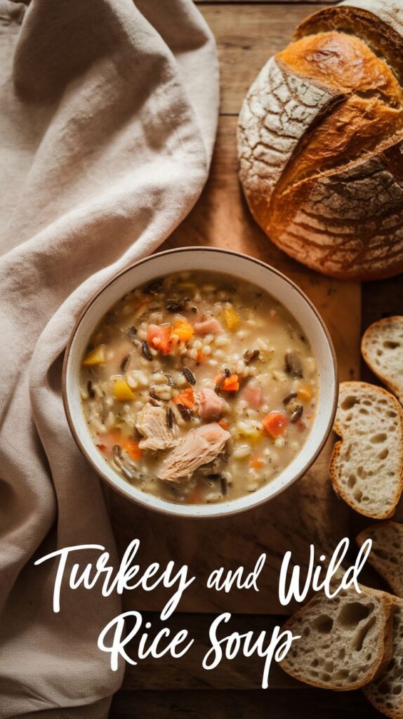 Bowl of turkey and wild rice soup with sliced bread on a rustic table. Cozy meal setting.
