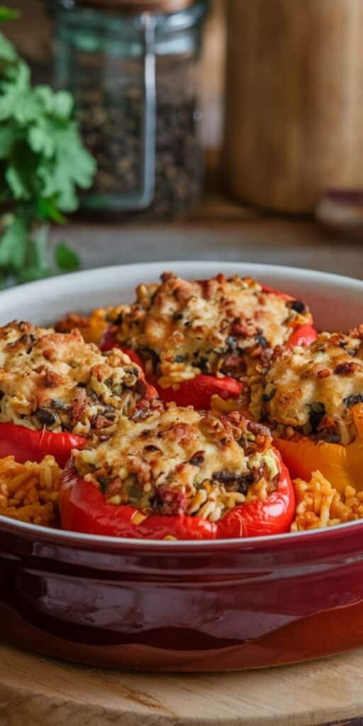 Stuffed peppers filled with rice, veggies, and melted cheese in a red dish on a wooden surface.