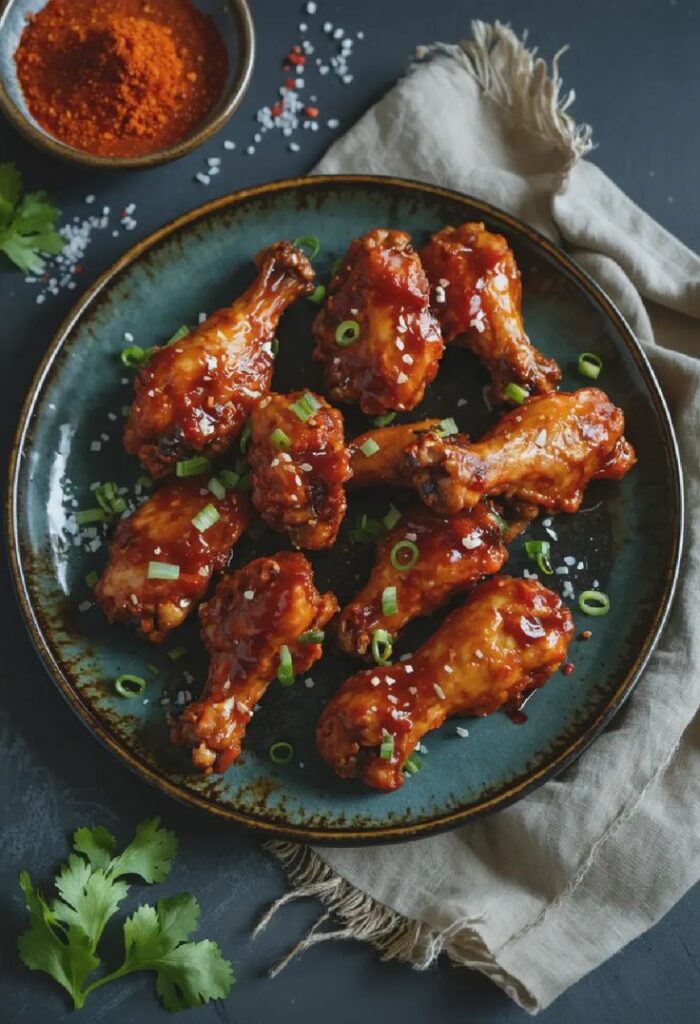 Plate of spicy glazed chicken drumsticks garnished with green onions and sesame seeds.