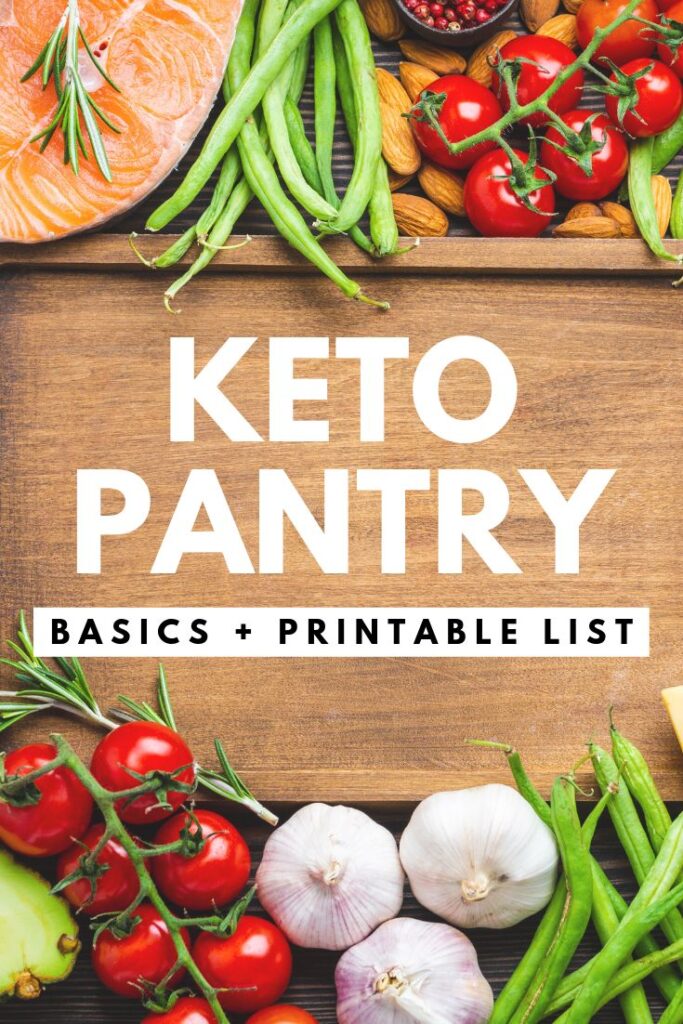 Keto pantry essentials, including salmon, tomatoes, and green beans, with a downloadable basics list.