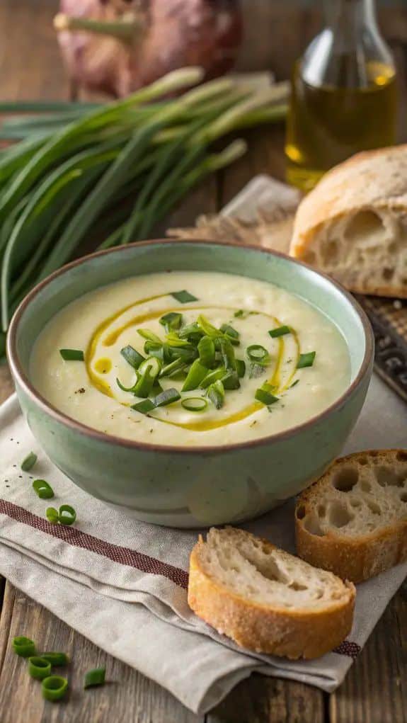Creamy potato soup with green onions and olive oil in a rustic bowl, served with crusty bread slices.