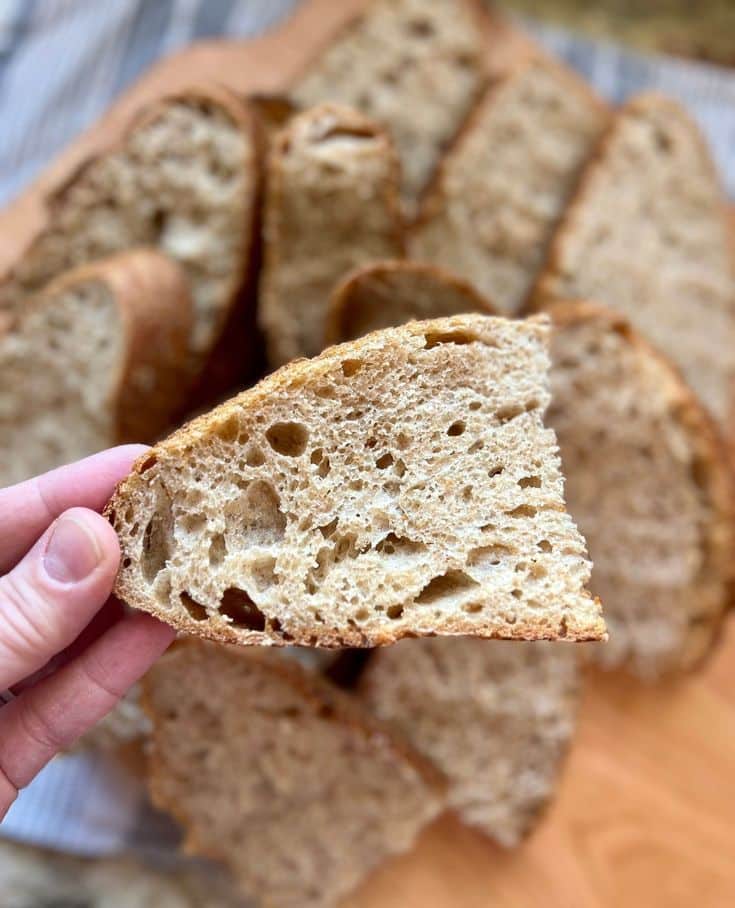 Close-up of a hand holding a slice of artisan sourdough bread with a rustic texture and airy interior.