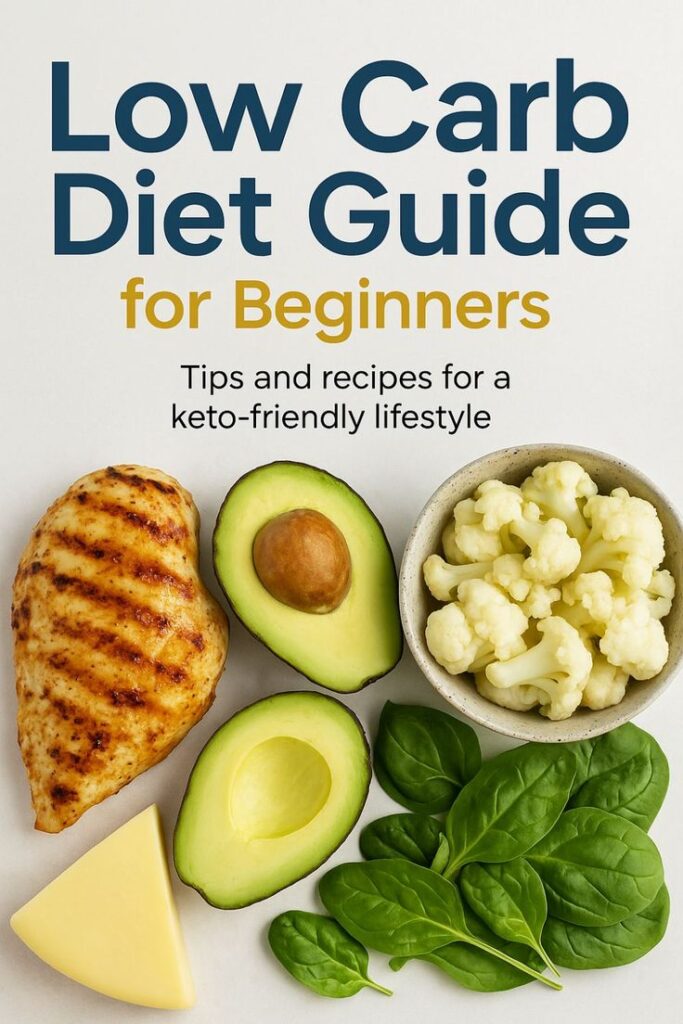 Low Carb Diet Guide for Beginners: Grilled chicken, avocado, cheese, cauliflower, spinach for keto lifestyle.