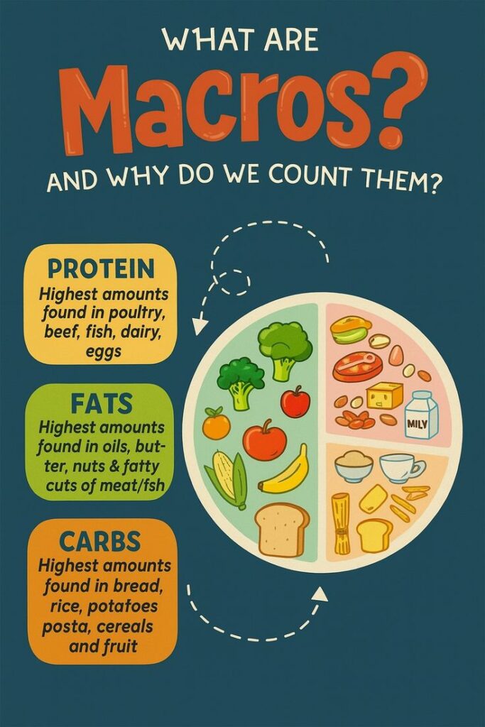 Infographic on macros: proteins, fats, carbs, and their food sources like meat, dairy, oils, bread, and fruits.