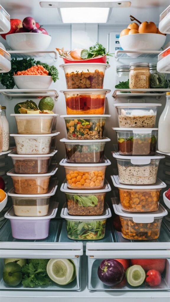 Organized fridge with healthy meal prep containers and fresh produce, promoting efficient storage and healthy eating.