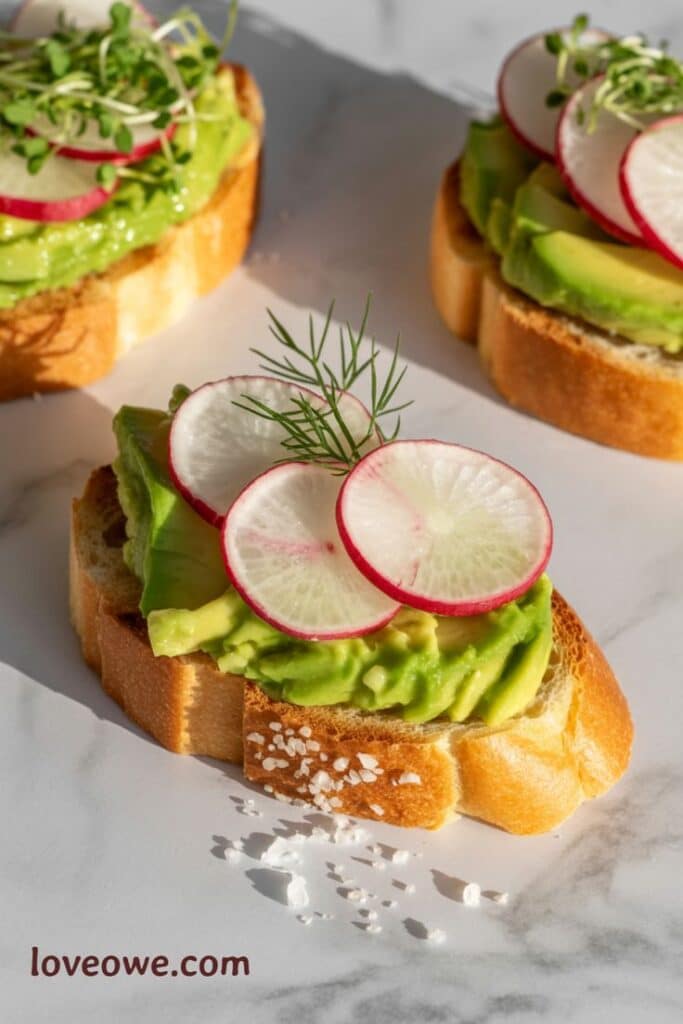 Avocado toast topped with fresh radish slices and herbs on a marble surface.