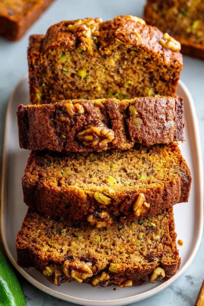 Sliced zucchini bread with walnuts on a white plate, showcasing a moist and delicious texture.