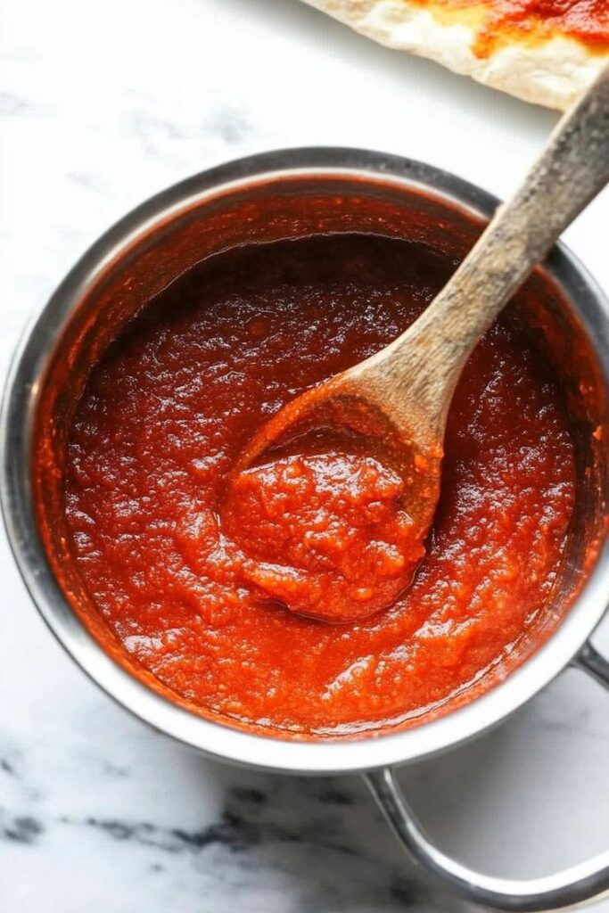 New Recipe_ Homemade Pizza Sauce Recipe The Way I Actually Make It - Master the Art of Homemade Pizza with Fun, Simple Steps | Homemade pizza sauce in a pot with a wooden spoon, ready for spreading on dough.