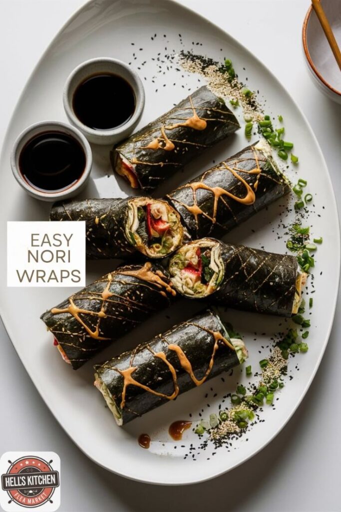 Easy nori wraps with sauce on a white plate, garnished with sesame seeds and green onions.