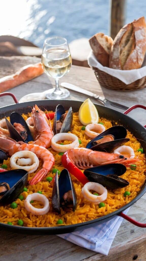 Seafood paella with prawns, mussels, and squid on a wooden table by the sea with bread and wine.