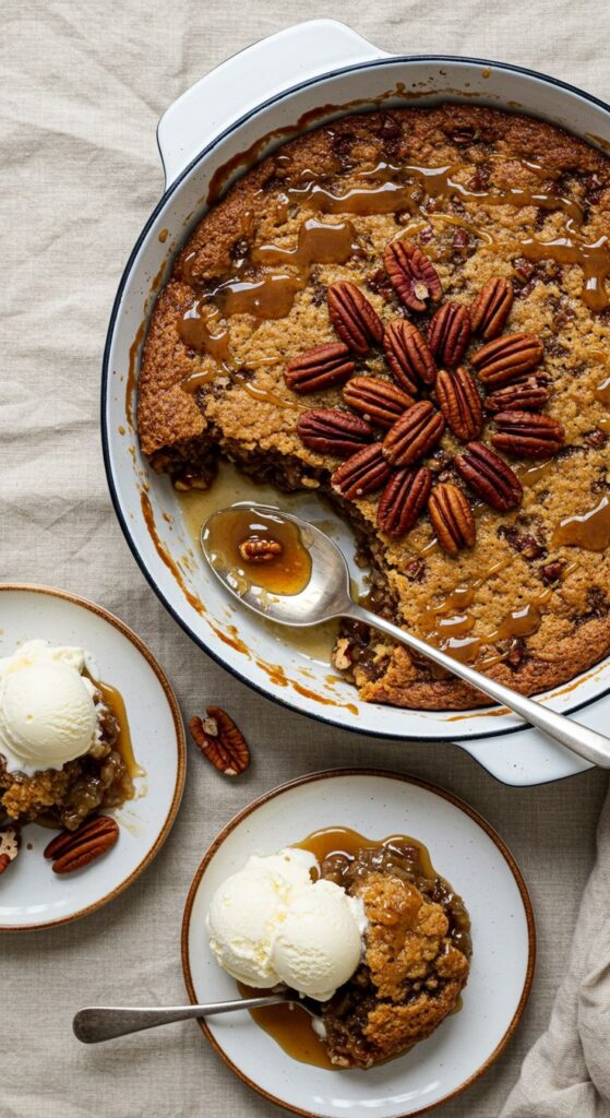Pecan pie cake with caramel drizzle in a baking dish, served with vanilla ice cream on plates.