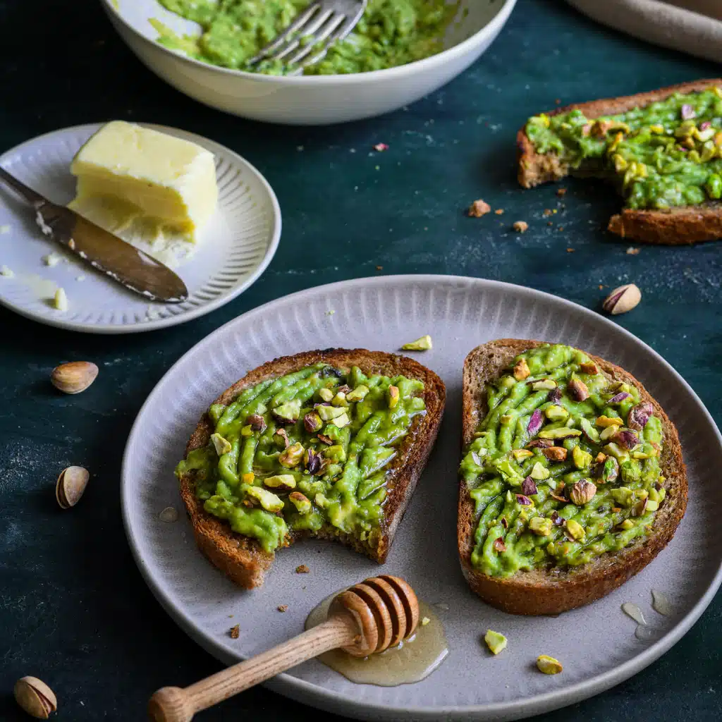Avocado toast with pistachios and honey on a plate, beside butter and a bowl of mashed avocado.