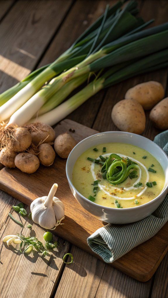 Creamy potato and leek soup garnished with herbs, surrounded by fresh ingredients on a wooden table.