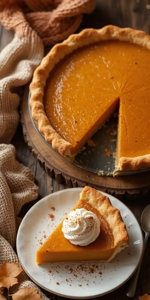 Pumpkin pie with a slice removed, topped with whipped cream, served on a rustic table with autumn leaves.