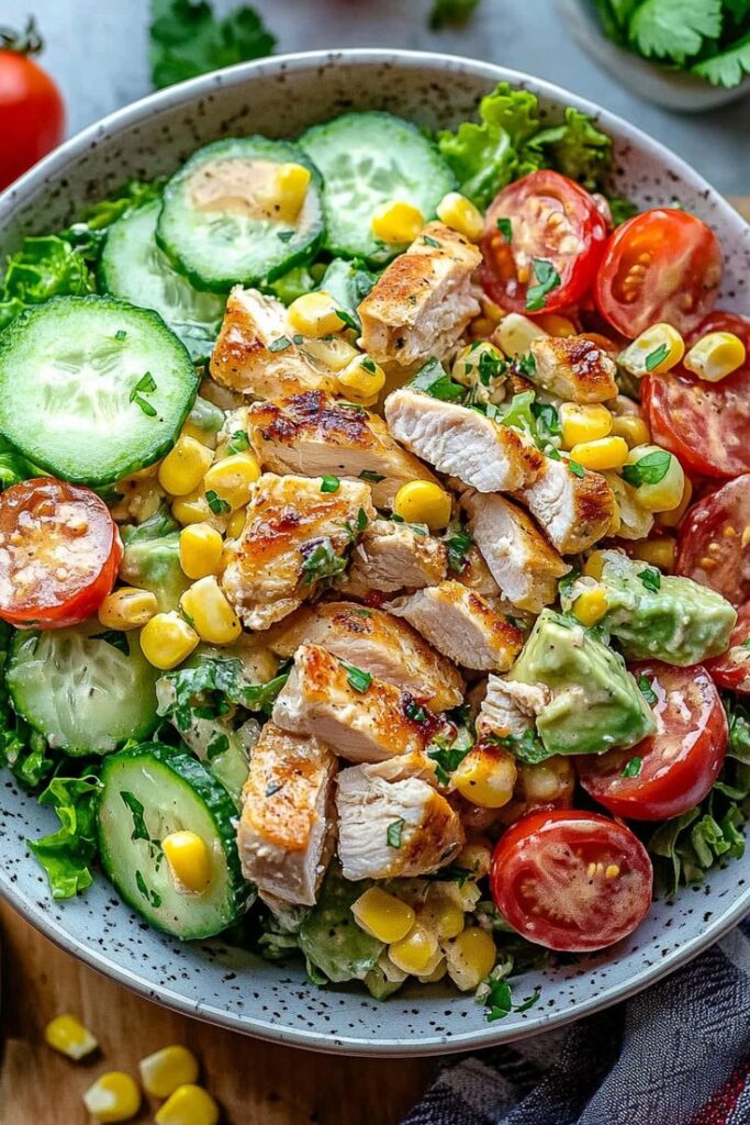 Fresh grilled chicken salad with cherry tomatoes, cucumber, corn, and avocado in a bowl.