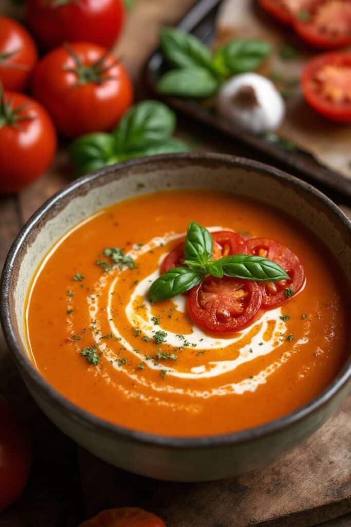 Creamy tomato soup in a bowl garnished with basil and fresh tomato slices.
