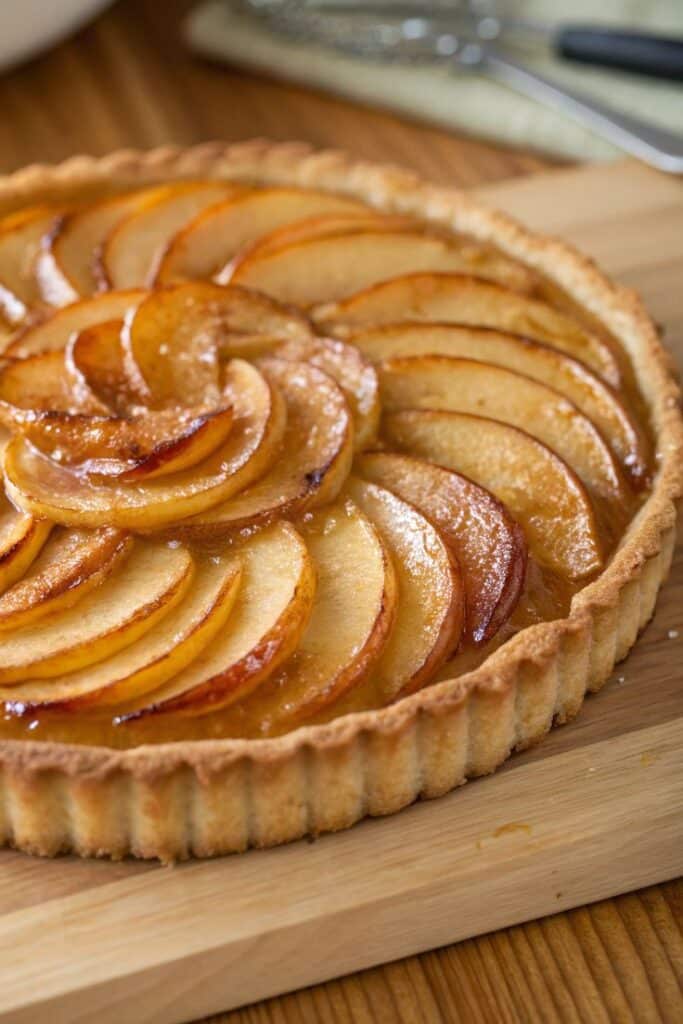 Delicious homemade apple tart with glazed slices on a wooden board, perfect for autumn desserts.