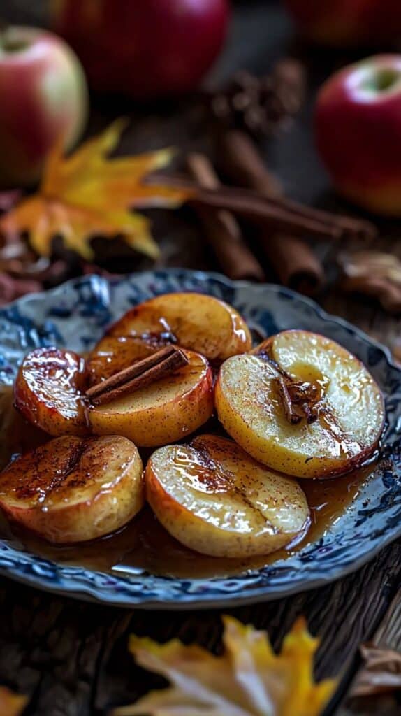 Caramelized apple slices with cinnamon on a decorative plate, surrounded by fresh apples and autumn leaves.