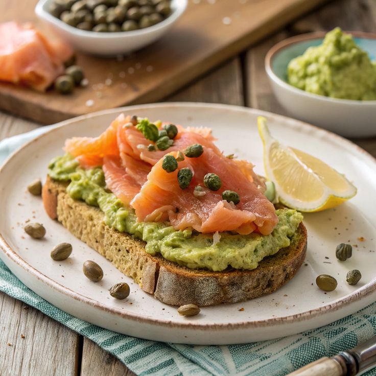 Open-faced sandwich with smoked salmon, avocado spread, capers, and lemon slice on a rustic plate.