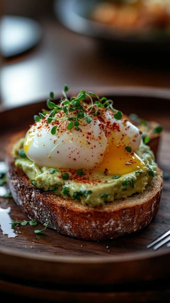 Poached egg on avocado toast with microgreens and paprika on rustic bread, served on a wooden plate.