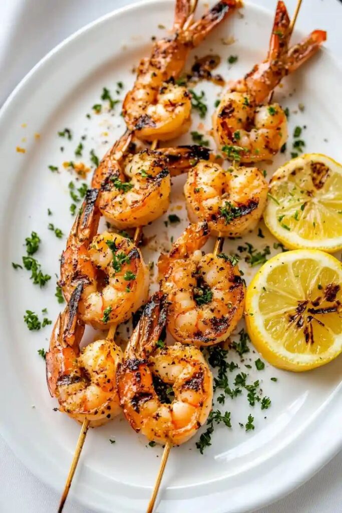 Grilled shrimp skewers garnished with parsley and lemon slices on a white plate.