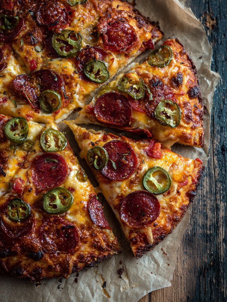 Spicy Pepperoni Jalapeño Pizza on Thin Crust - Master the Art of Homemade Pizza with Fun, Simple Steps | Pepperoni and jalapeño pizza on parchment paper, with crispy edges, on a rustic wooden table. Deliciously tempting!