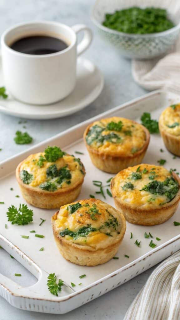 Mini quiche muffins with spinach and cheese on a tray, served with a cup of coffee; perfect breakfast idea.