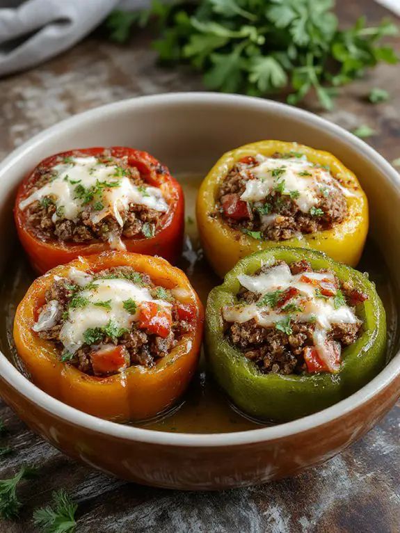 Baked stuffed bell peppers filled with meat, cheese, and herbs in a round dish, garnished with fresh parsley.