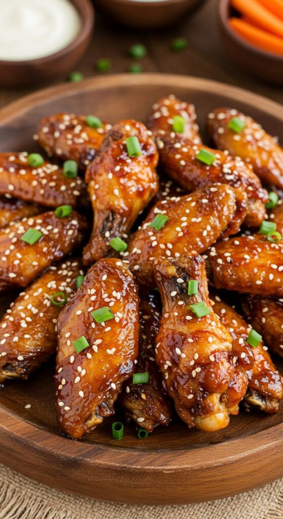 Plate of glazed chicken wings topped with sesame seeds and chives, ideal for party appetizers.