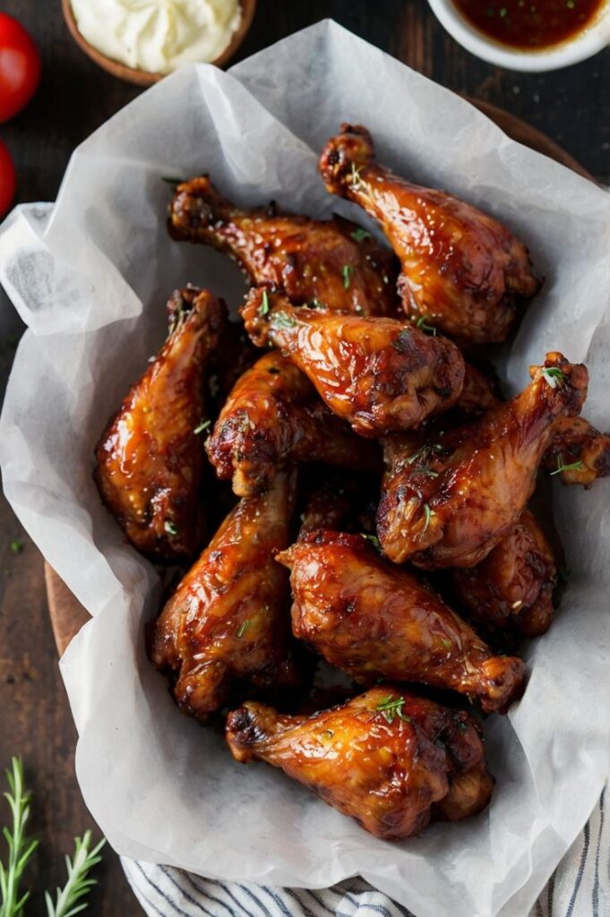 Delicious glazed chicken drumsticks in a basket lined with parchment paper, perfect for a savory meal or party snack.