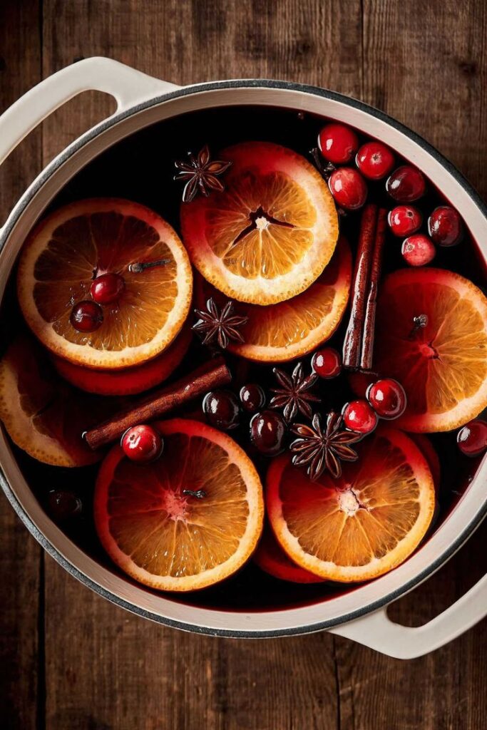 Mulled wine simmering, filled with orange slices, cranberries, cinnamon sticks, and star anise in a pot on wooden table.