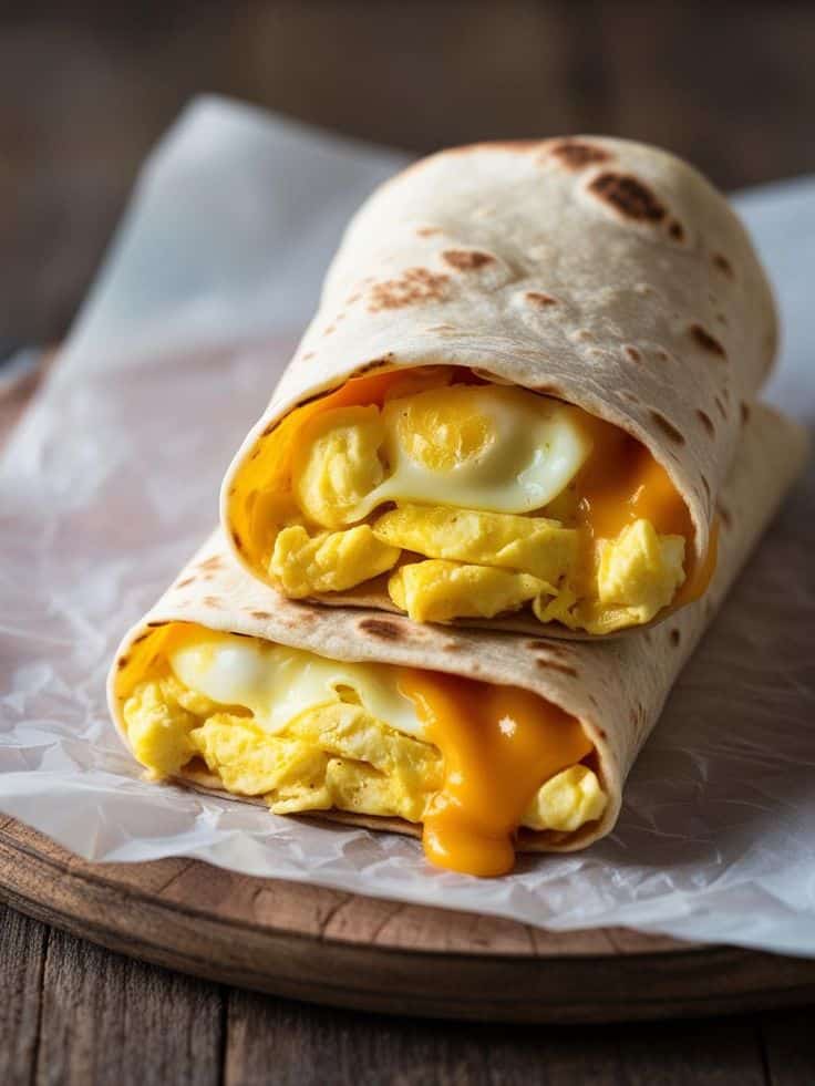 Scrambled egg and cheese breakfast burrito on a wooden board, wrapped in a soft tortilla, melting cheese visible.