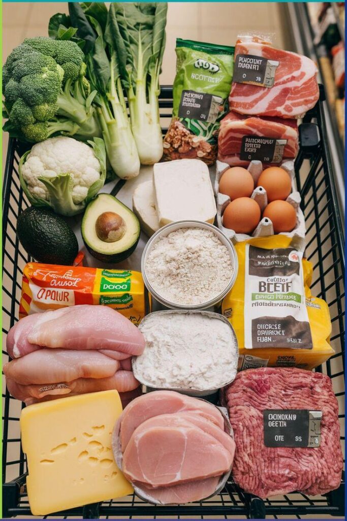 Shopping cart filled with fresh produce, meats, eggs, dairy, and groceries for a balanced and nutritious meal.