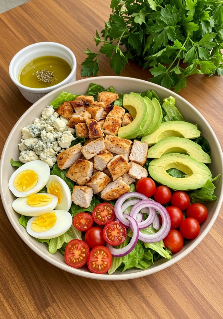 Fresh Cobb salad with grilled chicken, avocado, egg, tomatoes, onion, blue cheese, and a side of olive oil dressing.