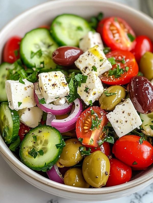 Colorful Greek salad with feta, tomatoes, cucumbers, olives, and onions in a bowl. Fresh and appetizing.