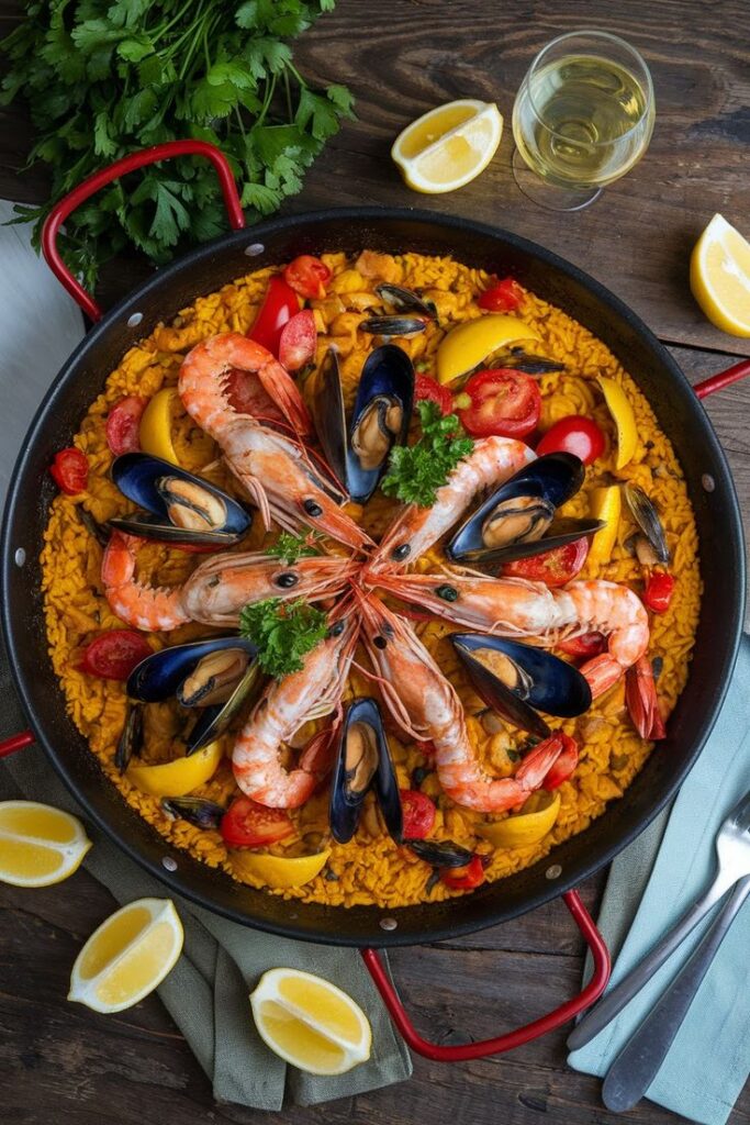 Seafood paella with shrimp, mussels, and lemon wedges in a pan on a rustic table with wine and parsley garnish.