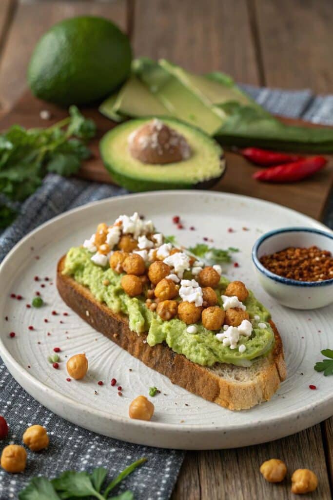 Avocado toast with chickpeas and feta on a plate, surrounded by fresh avocado and spices.