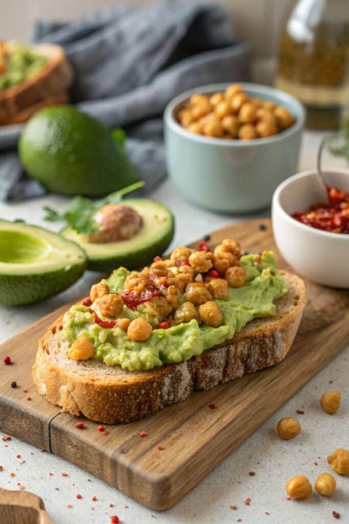 Avocado toast topped with chickpeas and spices on a wooden board, surrounded by fresh ingredients.