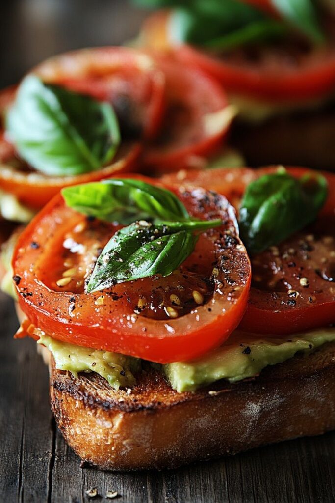Fresh tomato and basil bruschetta with creamy avocado on toasted bread, garnished with cracked black pepper.